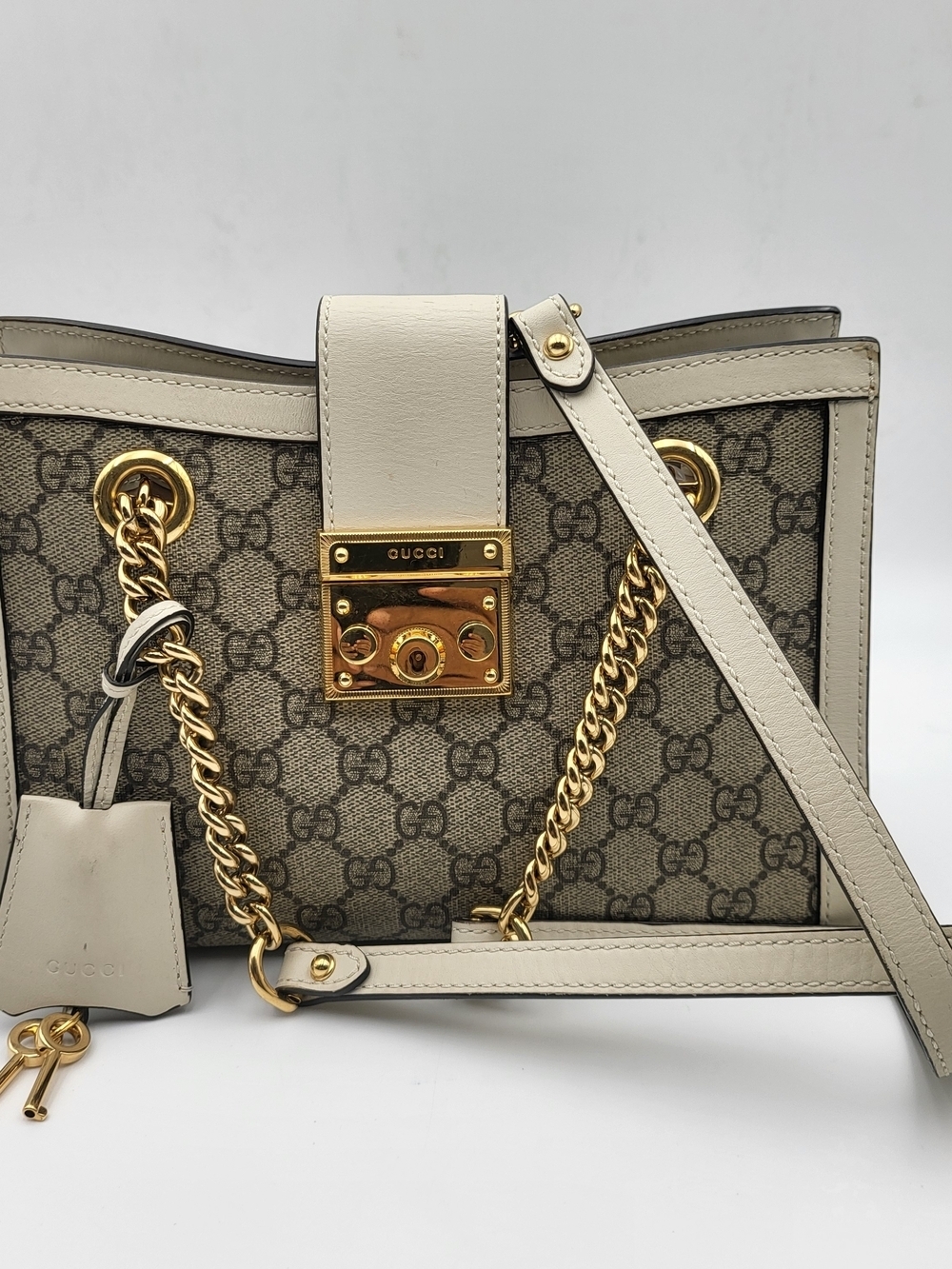 Gucci-GG Canvas Small Padlock Calfskin Ebony Mystic White, Authentic...
